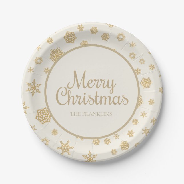 Gold Cream Snowflakes Family Name Merry Christmas Paper Plate (Front)