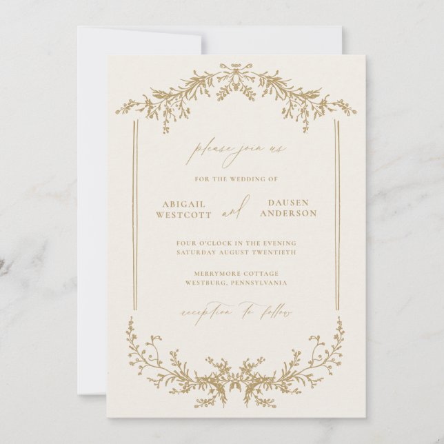 Gold & Cream Wedding Invitation Announcement Card (Front)