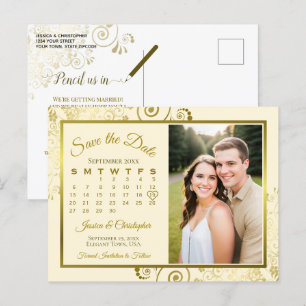 Gold & Cream Wedding Save the Date Calendar Photo Announcement Postcard