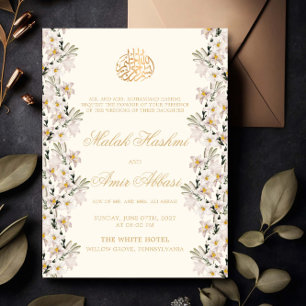 Gold & Cream White Floral Islamic Muslim Wedding Invitation