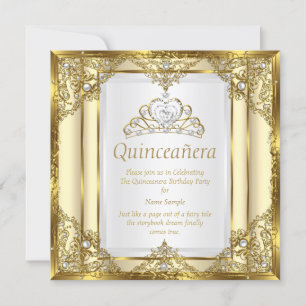Gold Cream White Pearl Princess Quinceanera Invitation