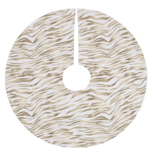 Gold Cream White Zebra Animal Print Brushed Polyester Tree Skirt (Front)