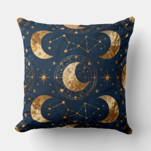 Gold Crescent Moon Deep Navy Celestial Night Sky Cushion