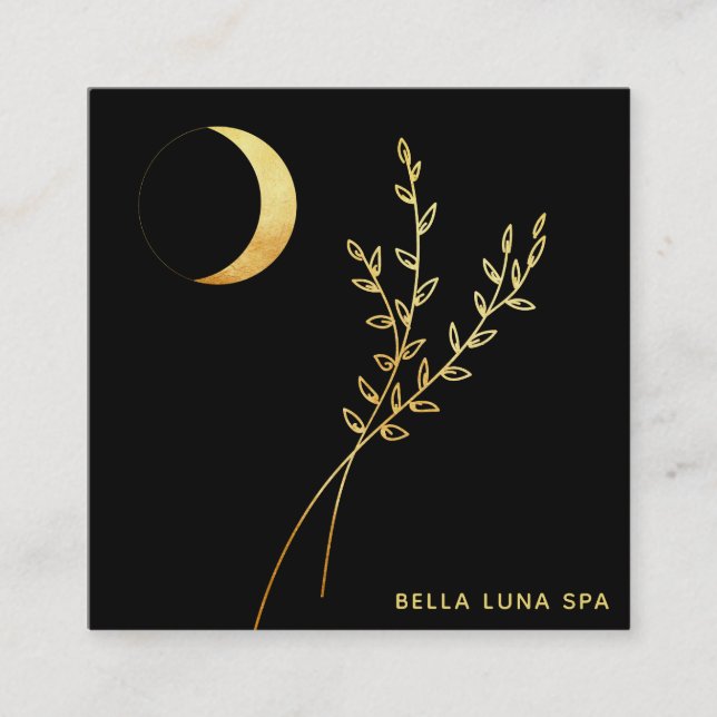 *~*  Gold Crescent Moon Gold Foliage Leaves Square Business Card (Front)