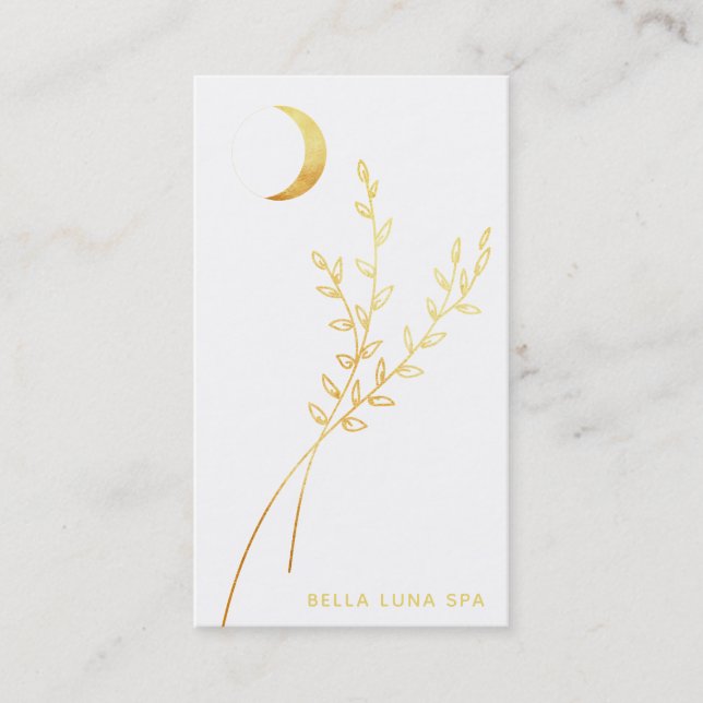 *~*  Gold Crescent Moon Gold Greenery Leaves Business Card (Front)