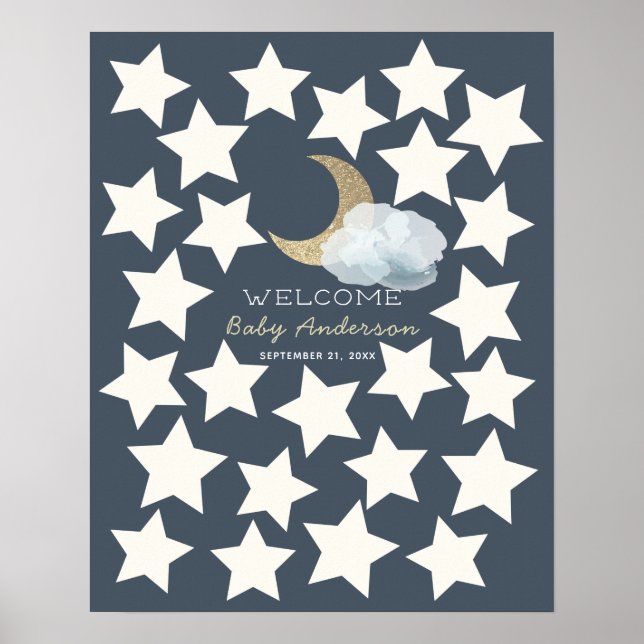 Gold Crescent Moon Midnight Blue Guest Book Sign (Front)