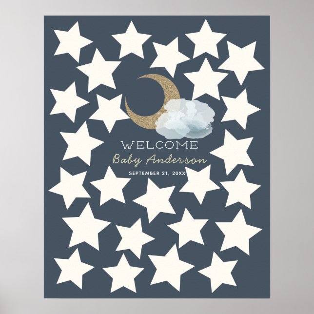 Gold Crescent Moon Midnight Blue Guest Book Sign (Front)