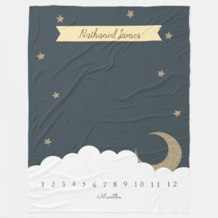 Gold Crescent Moon & Stars Navy Blue Milestone Boy Fleece Blanket