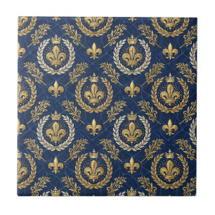 Gold Crest Blue Velvet Royal Damask Design Pattern Ceramic Tile