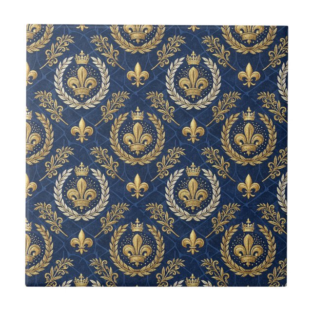 Gold Crest Blue Velvet Royal Damask Design Pattern Ceramic Tile (Front)
