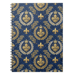 Gold Crest Blue Velvet Royal Damask Design Pattern Notebook