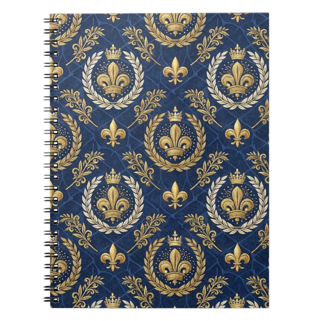 Gold Crest Blue Velvet Royal Damask Design Pattern Notebook (Front)