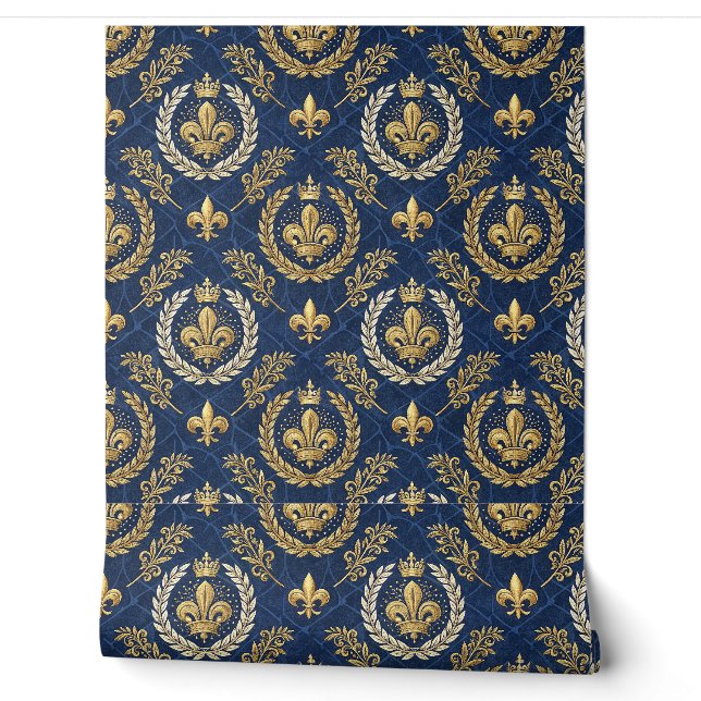 Gold Crest Blue Velvet Royal Damask Design Pattern Wallpaper (Unrolling)