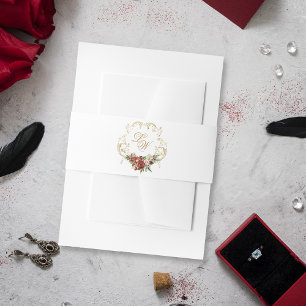 Gold Crest Christmas Floral Wedding Monogram Invitation Belly Band