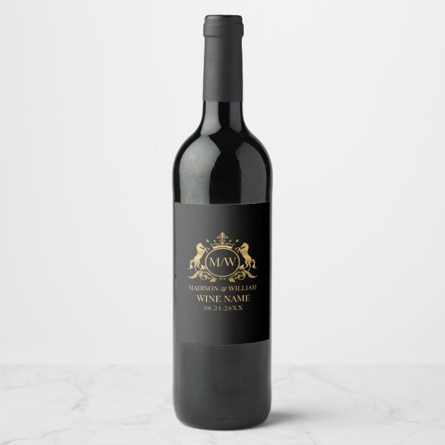 Gold Crest circle and 2 horses, badge royal crown Wine Label (Front)