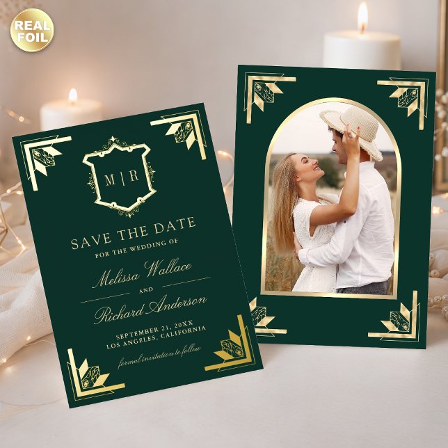 Gold Crest Emerald Green Wedding Save the Date (Creator Uploaded)
