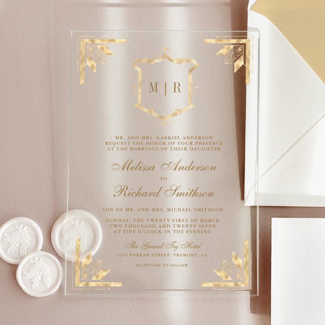Gold Crest Monogram Ornate Frame Wedding Acrylic Invitations (Creator Uploaded)