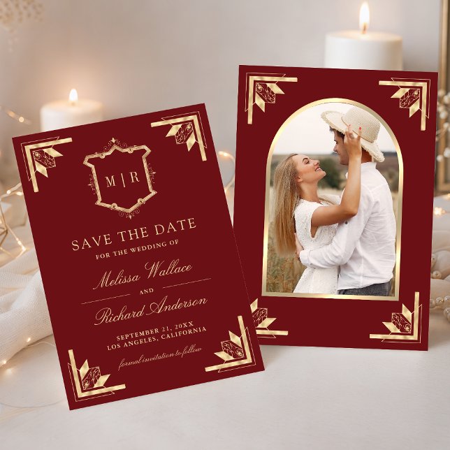 Gold Crest Monogram Photo Maroon Red Wedding Save The Date (Creator Uploaded)
