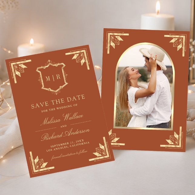 Gold Crest Monogram Photo Terracotta Wedding Save The Date (Creator Uploaded)