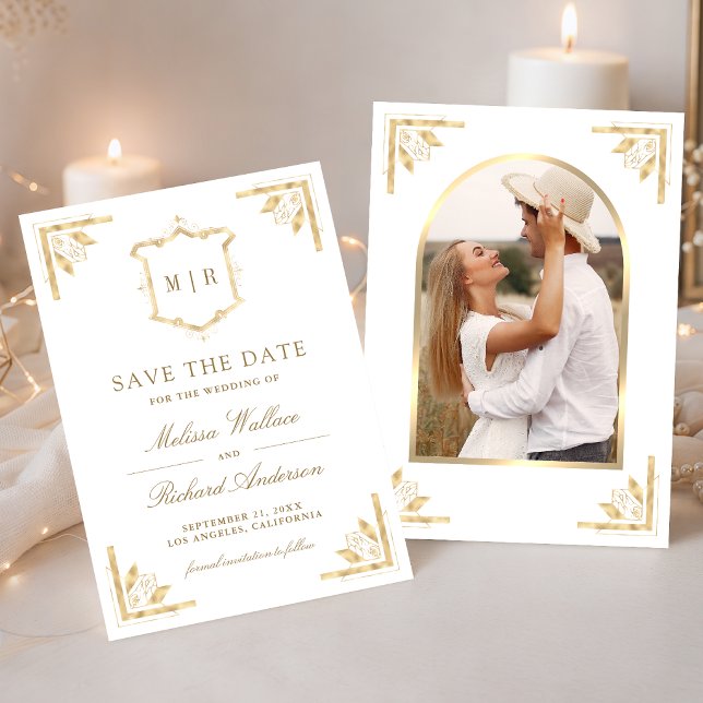 Gold Crest Monogram Photo White Wedding Save The Date (Creator Uploaded)