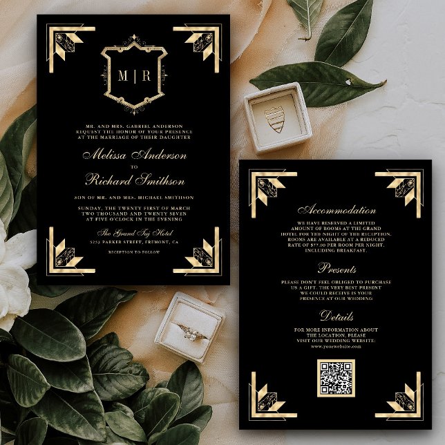 Gold Crest Monogram QR Code Black Wedding Invitation (Creator Uploaded)