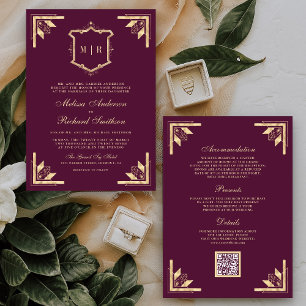Gold Crest Monogram QR Code Plum Purple Wedding Invitation