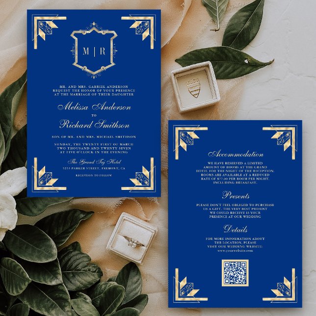 Gold Crest Monogram QR Code Royal Blue Wedding Invitation (Creator Uploaded)