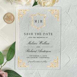 Gold Crest Monogram Wedding Save the Date Acrylic Invitations