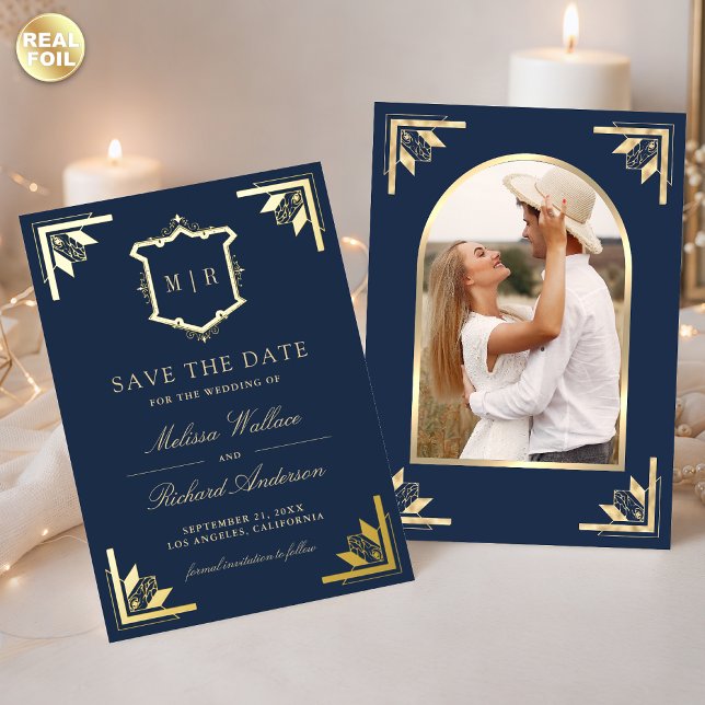 Gold Crest Navy Blue Wedding Save the Date (Creator Uploaded)