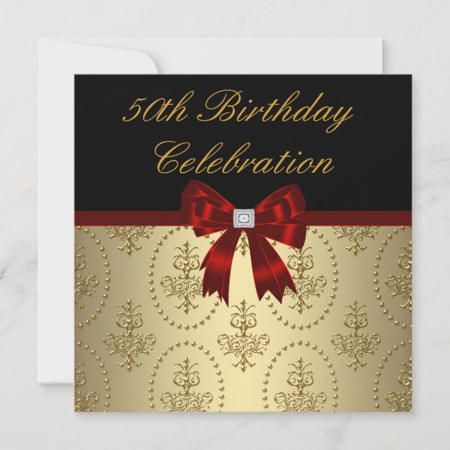 Gold Crest Red Bow Womans Elegant 50th Birthday Invitation (Front)