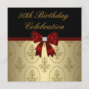 Gold Crest Red Bow Womans Elegant 50th Birthday Invitation
