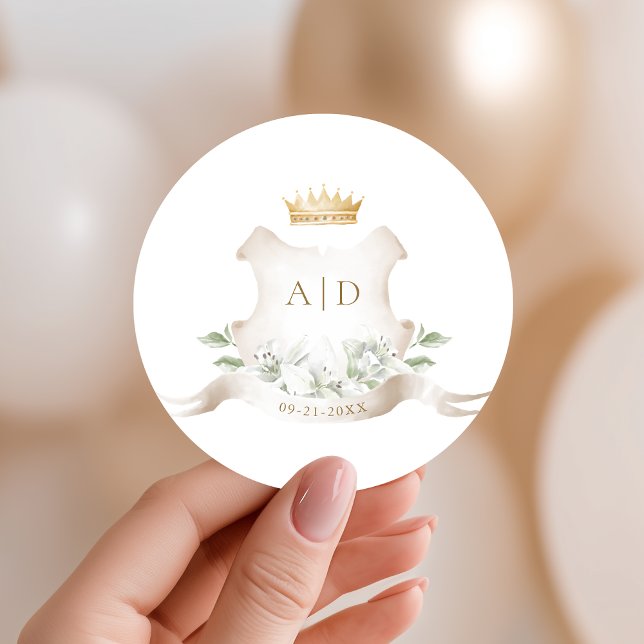 Gold Crest Royal Crown Wedding Monogram Classic Round Sticker (Creator Uploaded)