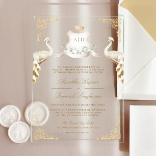 Gold Crest Royal Indian White Peacock Wedding Acrylic Invitations