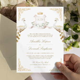 Gold Crest Royal Indian White Peacock Wedding Invitation
