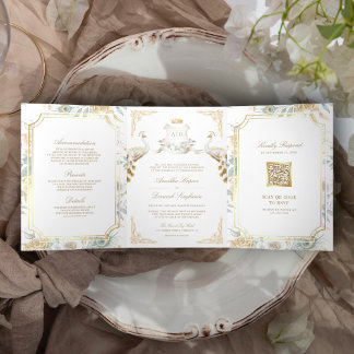Gold Crest Royal Indian White Peacock Wedding Tri-Fold Invitation