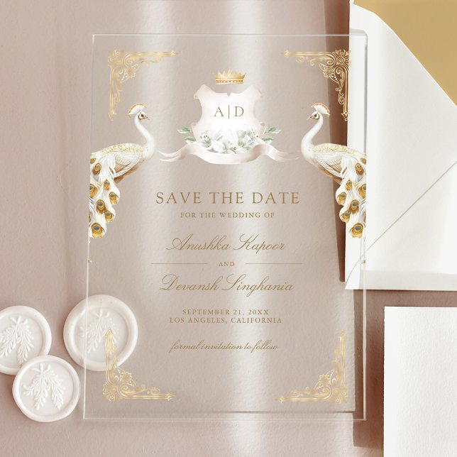Gold Crest White Peacock Wedding Save the Date Acrylic Invitations (Creator Uploaded)