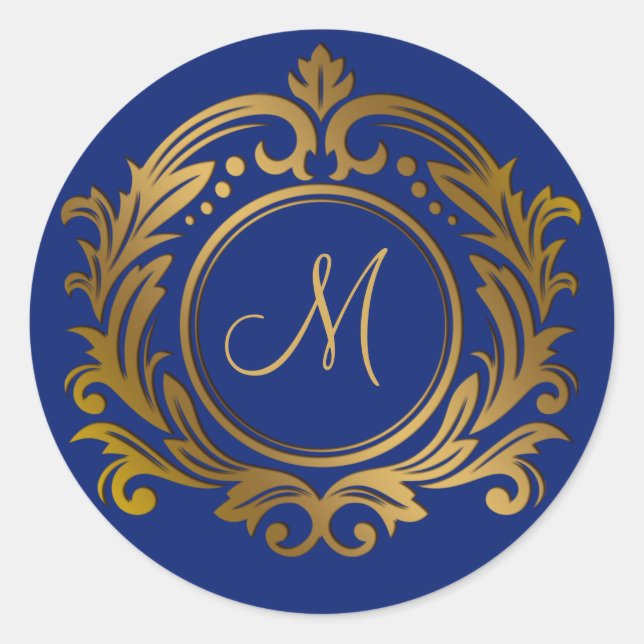 Gold Crest with Monogram Initial on Blue Classic Round Sticker (Front)