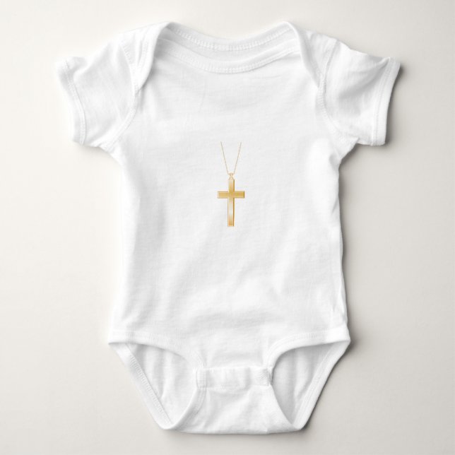 Gold cross and chain, looks like real jewellery. baby bodysuit (Front)