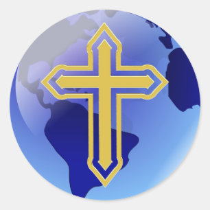 Gold Cross and Earth Classic Round Sticker