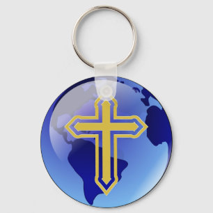 Gold Cross and Earth Key Ring