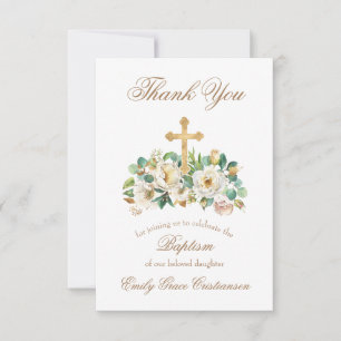 Gold Cross and Floral White Baptism Thank You Card