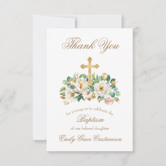 Gold Cross and Floral White Baptism Thank You Card