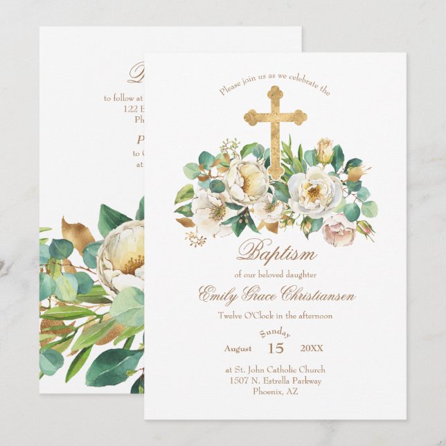 Gold Cross and Flowers Baptism Invitation (Front/Back)