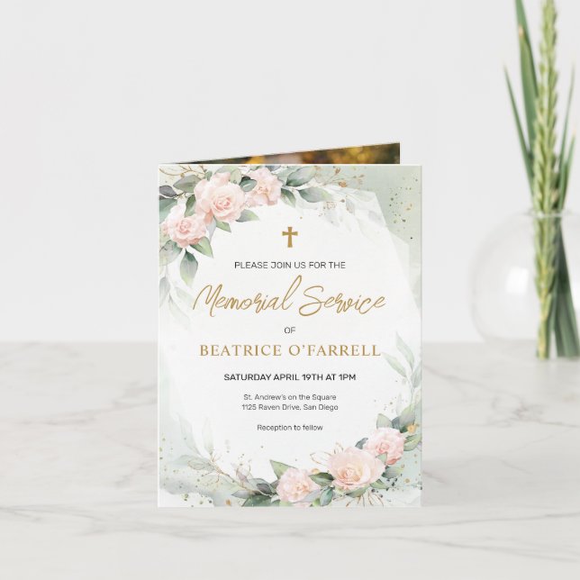 Gold Cross and Flowers Photo Memorial Service Invitation (Front)