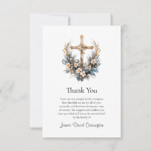Gold Cross and Flowers Roman Catholic Funeral Thank You Card