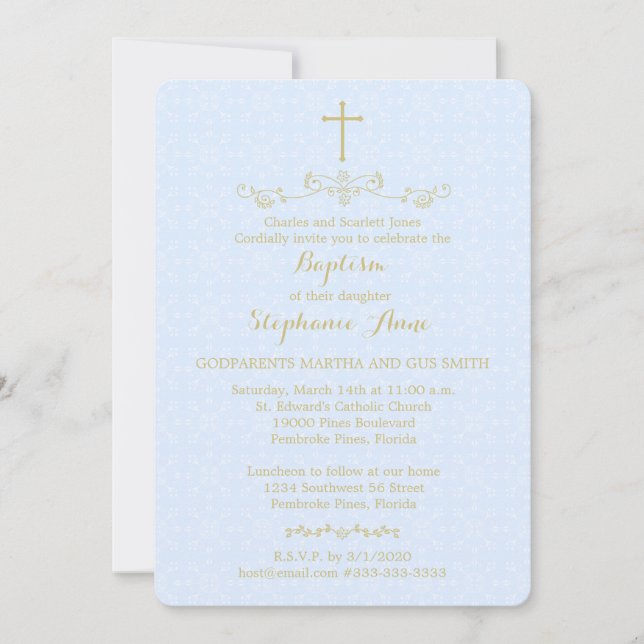 Gold Cross and Laurels in Light Blue Invitation (Front)