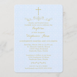 Gold Cross and Laurels in Light Blue Invitation