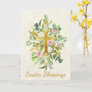 Gold cross and pink roses custom Easter Card