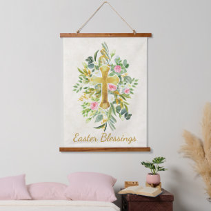 Gold cross and pink roses custom Easter  Hanging Tapestry
