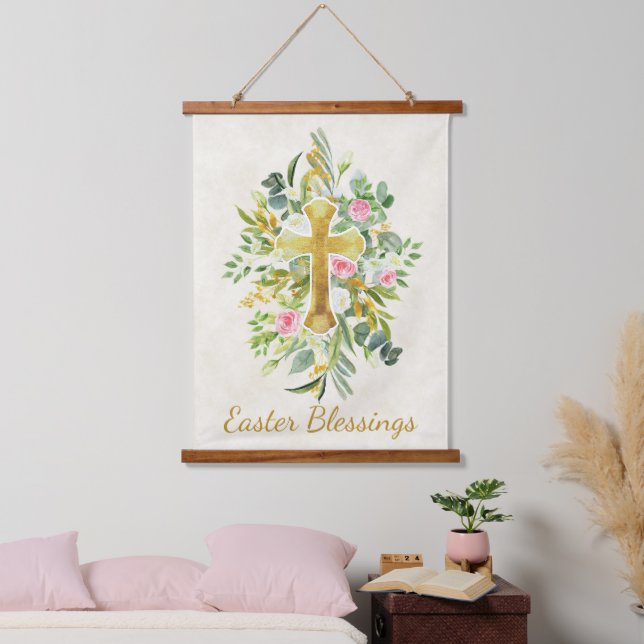 Gold cross and pink roses custom Easter  Hanging Tapestry (Bedroom)